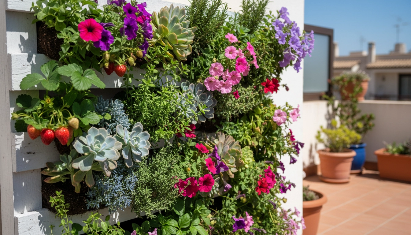 Palettes jardin vertical fleuries sur une terrasse ensoleillée avec pétunias, fraisiers et herbes aromatiques