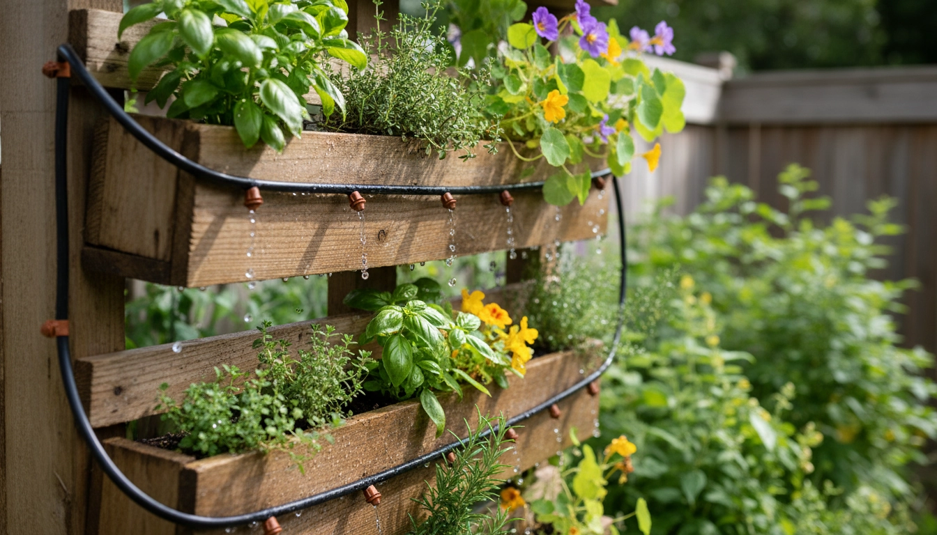 Système d'arrosage goutte-à-goutte sur un jardin vertical en palette pour économiser l'eau sur le balcon