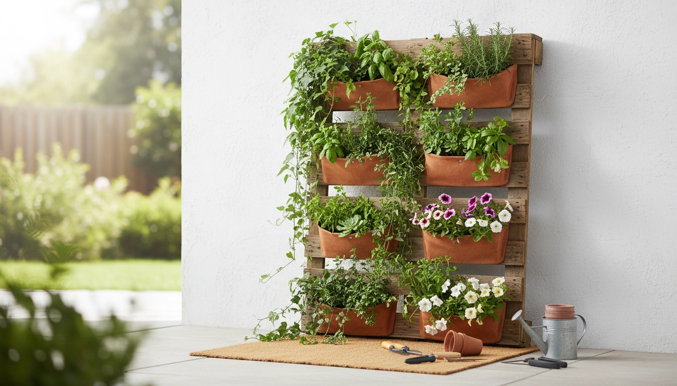 Jardin vertical créé avec des palettes en bois récupérées, garni d'herbes aromatiques et de fleurs colorées sur un balcon urbain