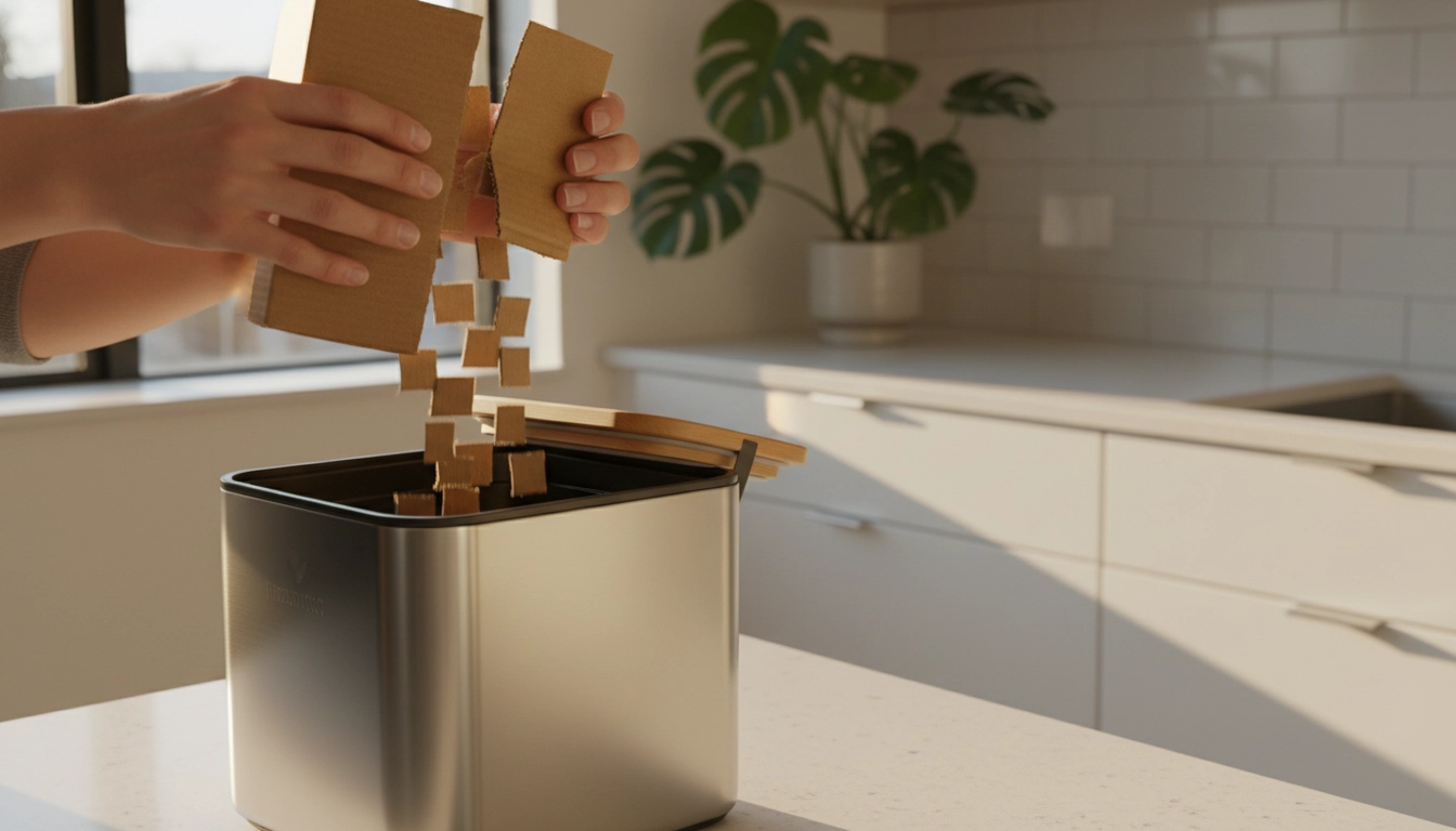 Mains déchirant du carton ondulé pour alimenter un bac à compost urbain dans une cuisine lumineuse.
