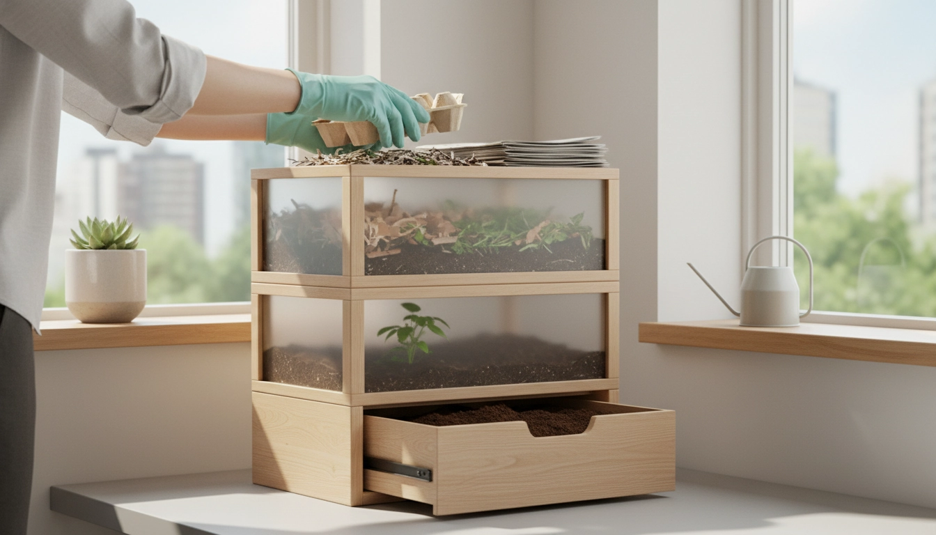 Une personne découpant soigneusement du carton de livraison pour le mettre dans un lombricomposteur d'appartement.