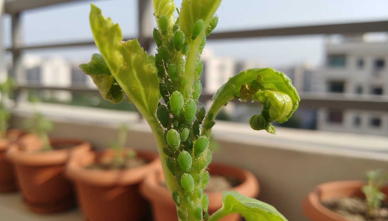 Infestation de pucerons sur une tige de plante, parasite fréquent des plantes de balcon urbain