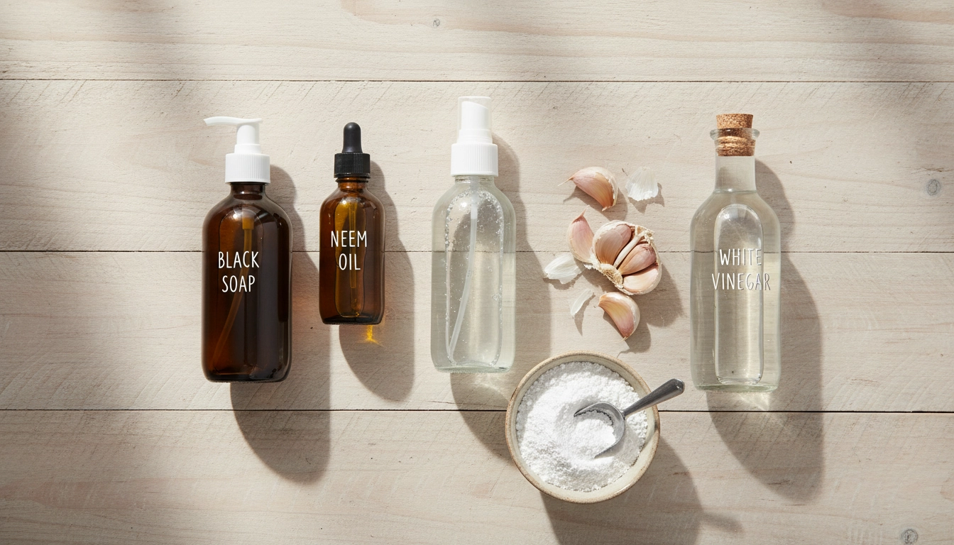 Solutions naturelles maison pour éliminer les parasites des plantes de balcon : savon noir, huile de neem et terre de diatomées