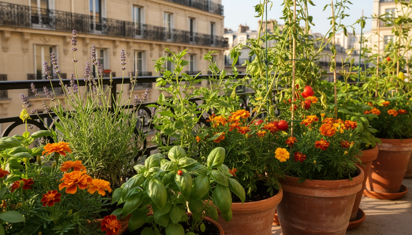 Balcon urbain avec plantes répulsives associées pour protéger naturellement contre les parasites plantes balcon
