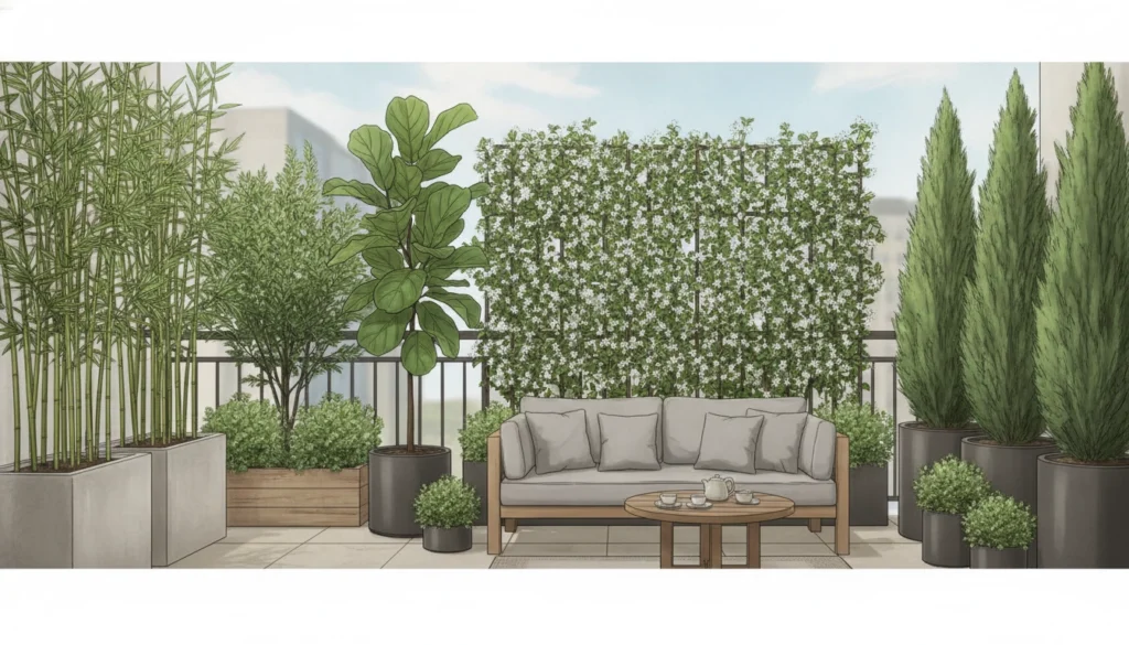 Une terrasse d'appartement élégante avec une plante haute balcon intimité appartement en pot