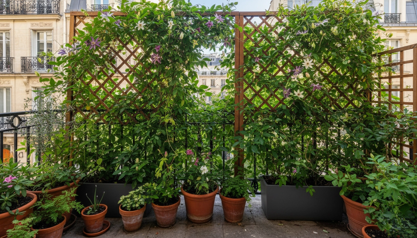 Plantes brise-vue balcon avec treillis en bois végétalisé de lierre et clématite dans des bacs en terre cuite