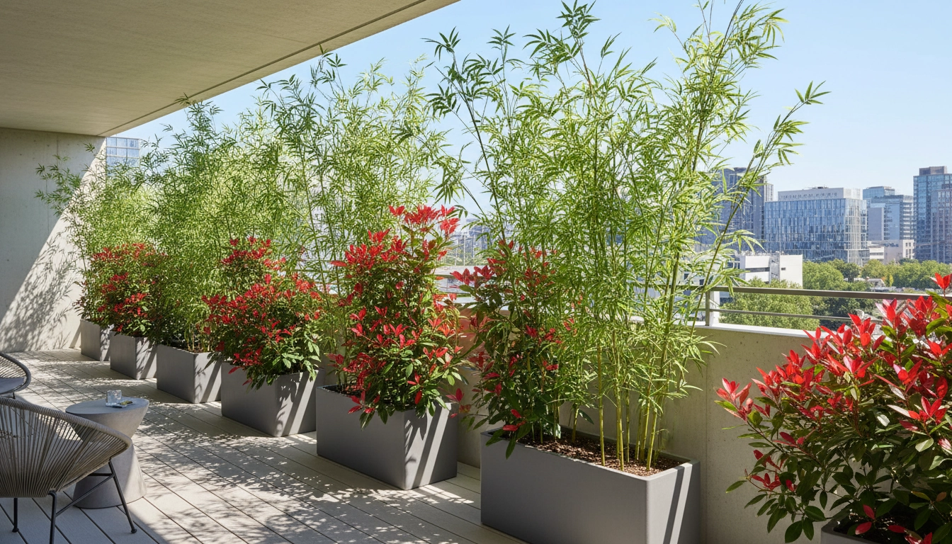 Bambou Fargesia et photinia en bacs sur un balcon formant une haie végétale dense comme brise-vue