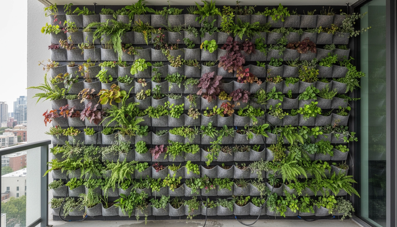 Mur végétal modulaire extérieur sur balcon avec fougères et sedums pour préserver l'intimité