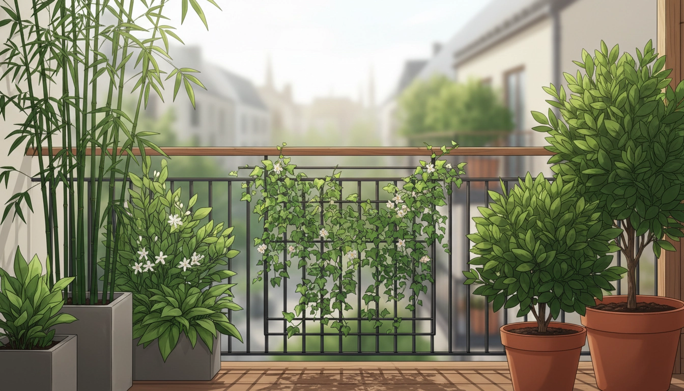 Balcon végétalisé avec des plantes brise-vue formant un écran dense et vert préservant l'intimité