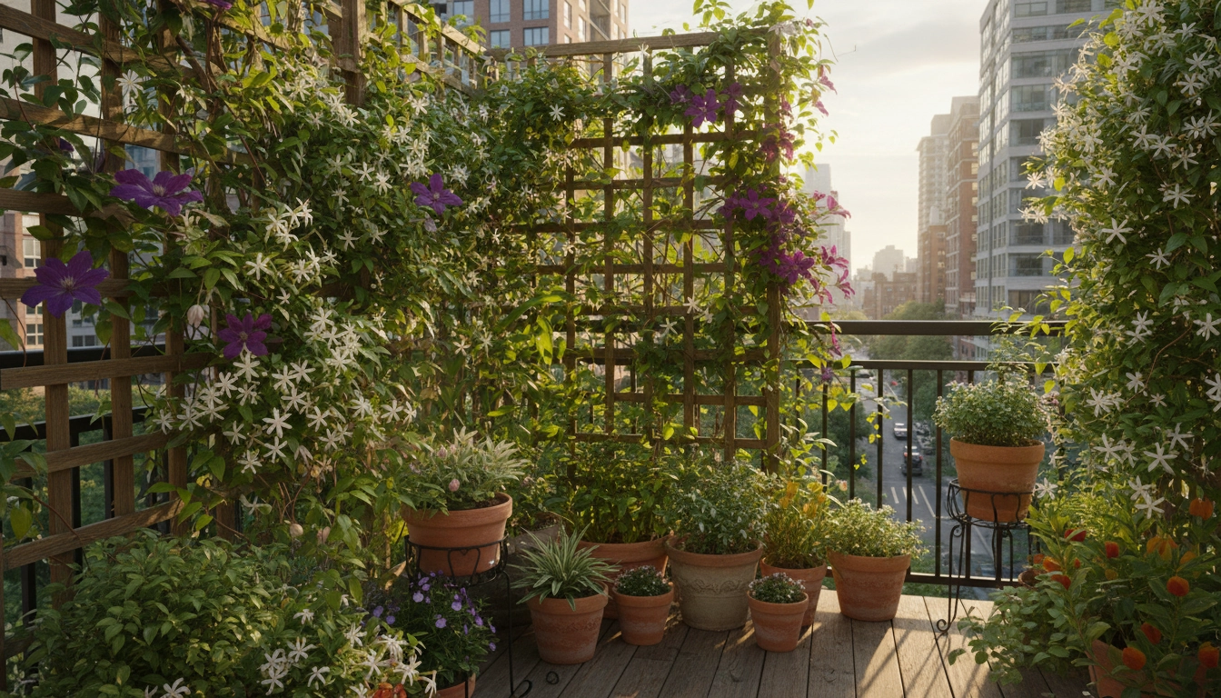 Balcon verdoyant avec plantes grimpantes balcon sur treillis en bois et clématites violettes en fleurs