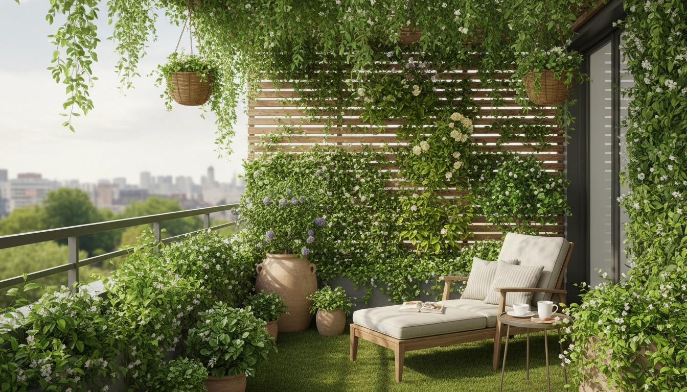 Plantes grimpantes balcon luxuriant avec treillis bois et jasmin étoilé fleuri