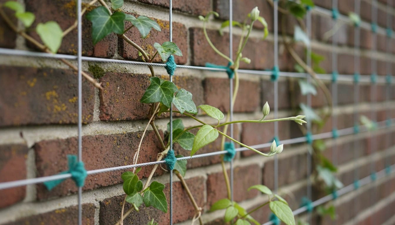Support treillis et câbles inox pour guider des plantes grimpantes sur un balcon au nord sans soleil