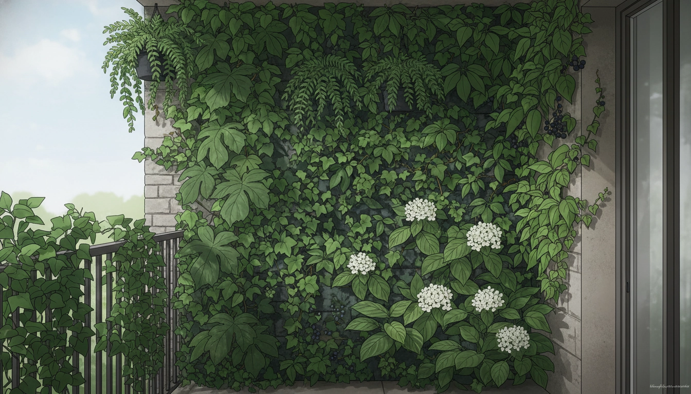 Plantes grimpantes sur un balcon exposé au nord avec lierre et hortensia grimpant dans des bacs