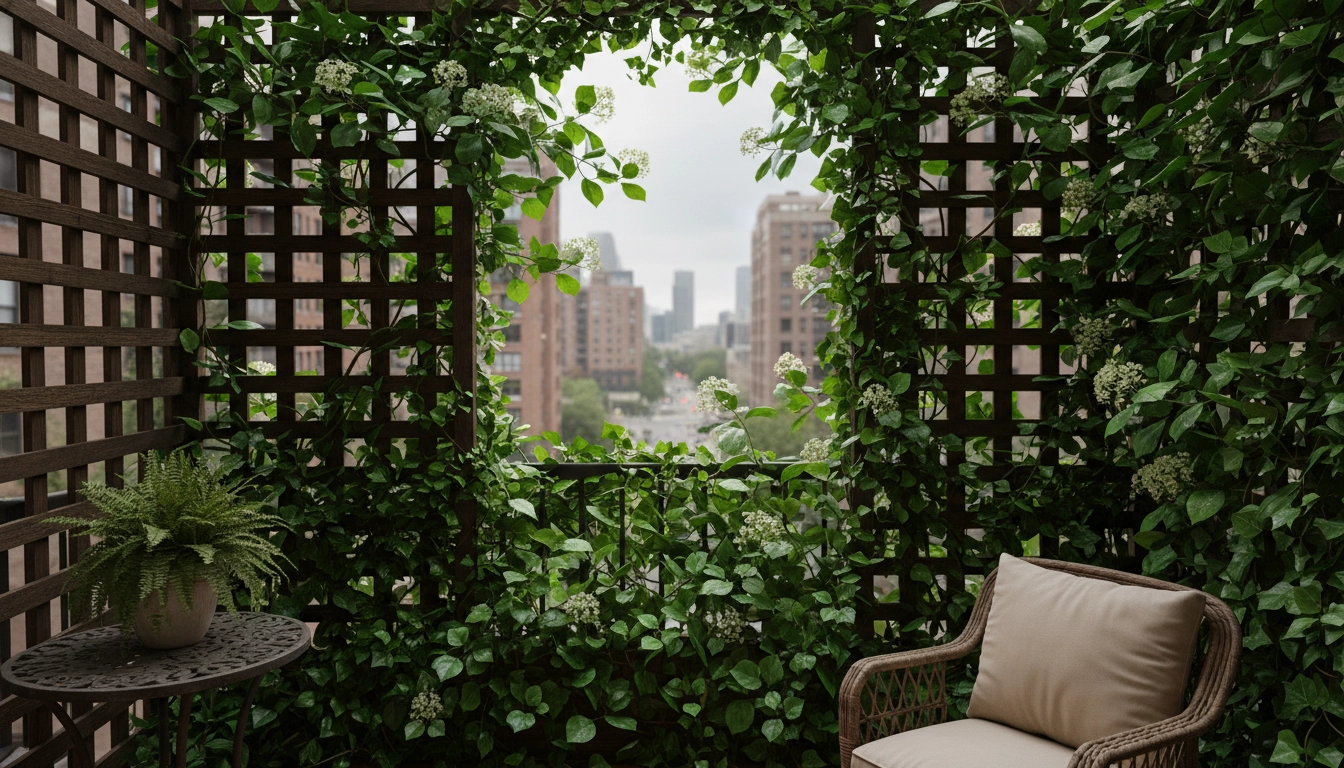 Plantes grimpantes brise-vue balcon ombre avec lierre et hortensia grimpant sur treillis bois