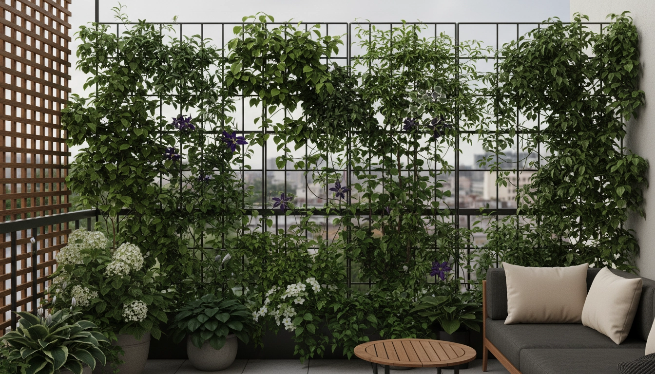 Plantes grimpantes brise-vue sur un balcon ombragé avec treillis en bois et feuillage dense