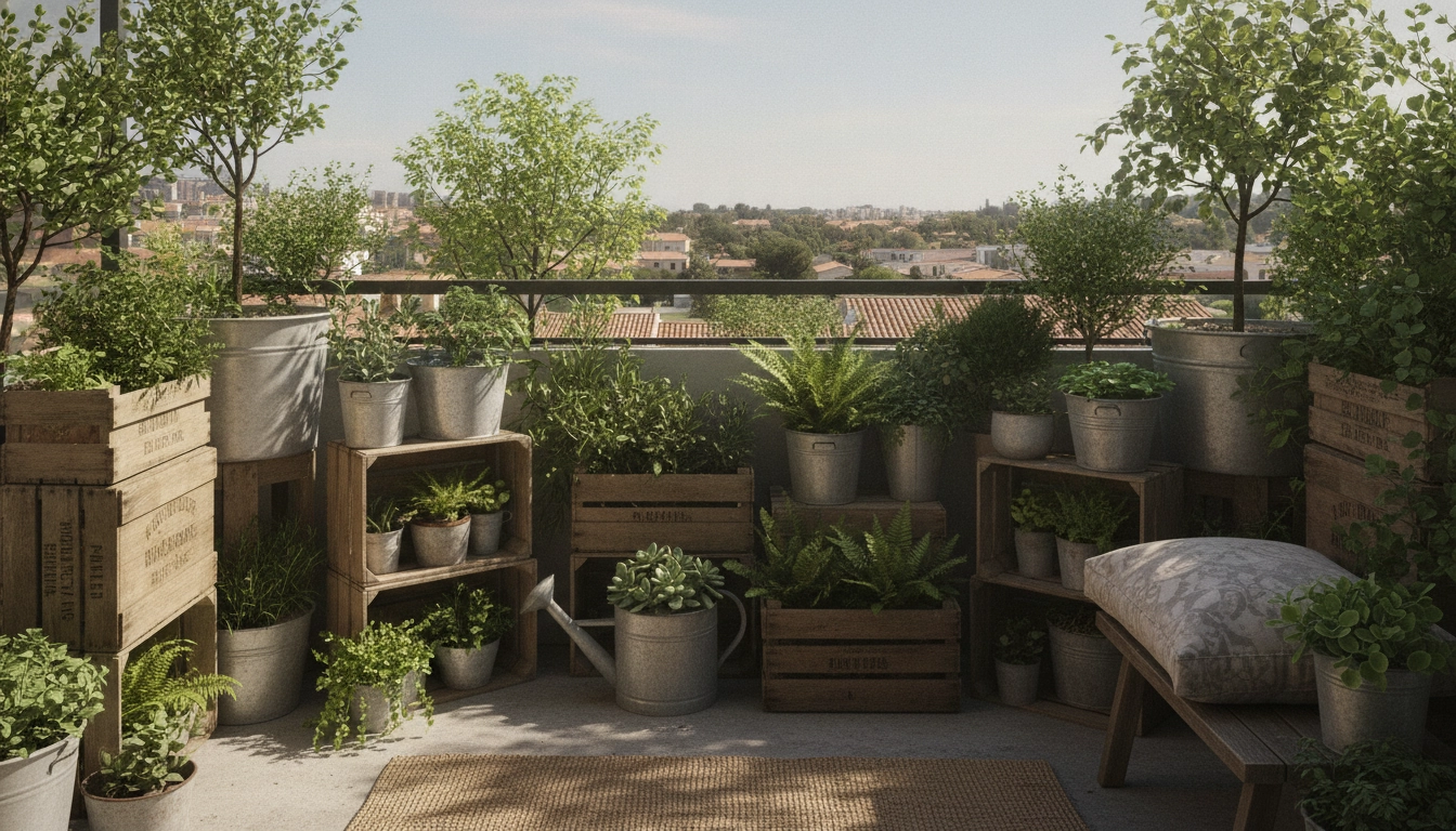 Aménagement des meilleures plantes jardinières récup ombre balcon nord avec des objets détournés.