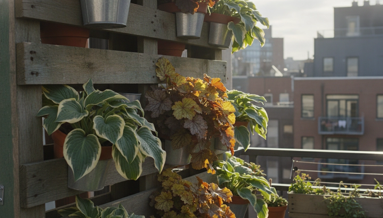 Jardinière récupérée en bois remplie de plantes d'ombre sur un balcon.