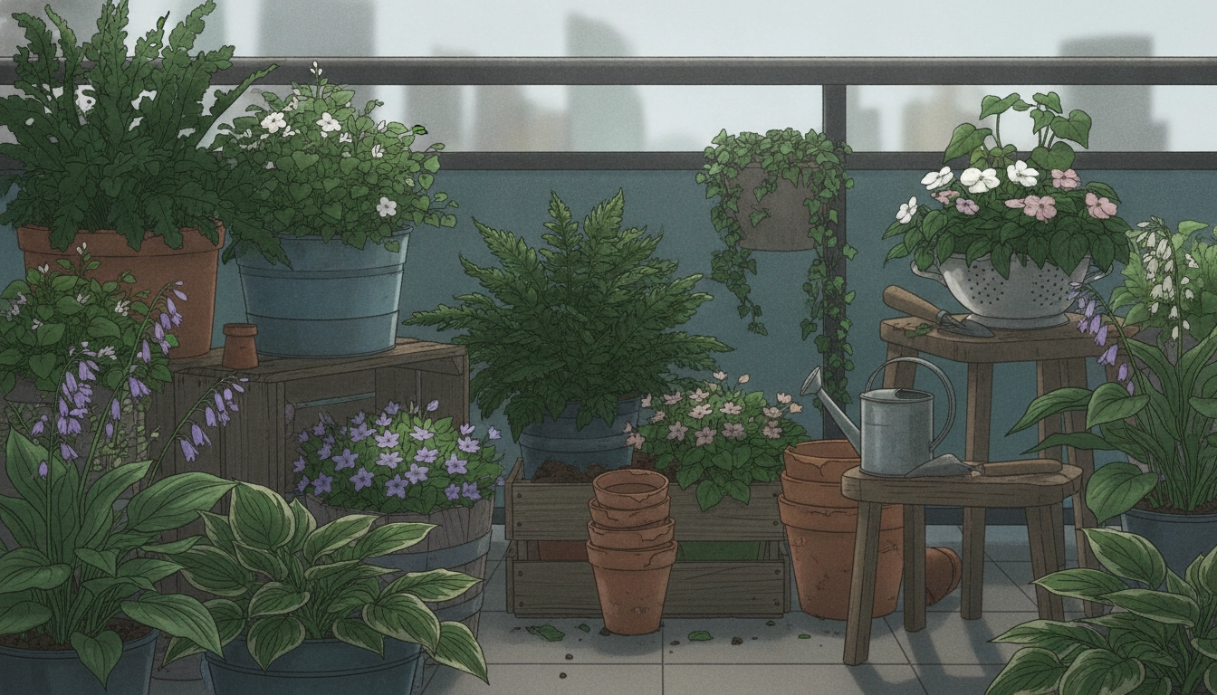 Une belle collection de plantes d'ombre disposées dans des jardinières de récupération en bois et métal sur un balcon orienté au nord.