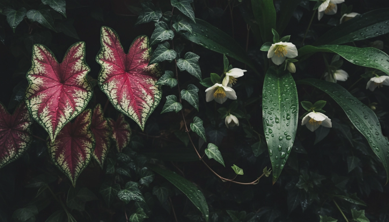 Composition végétale tropicale pour un mur végétal ombragé avec caladium, aspidistra et hellébore