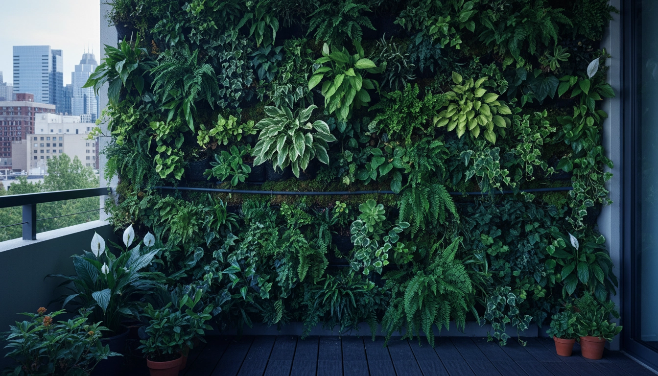 Mur végétal luxuriant sur un balcon ombragé avec hostas, fougères et impatientes en fleurs