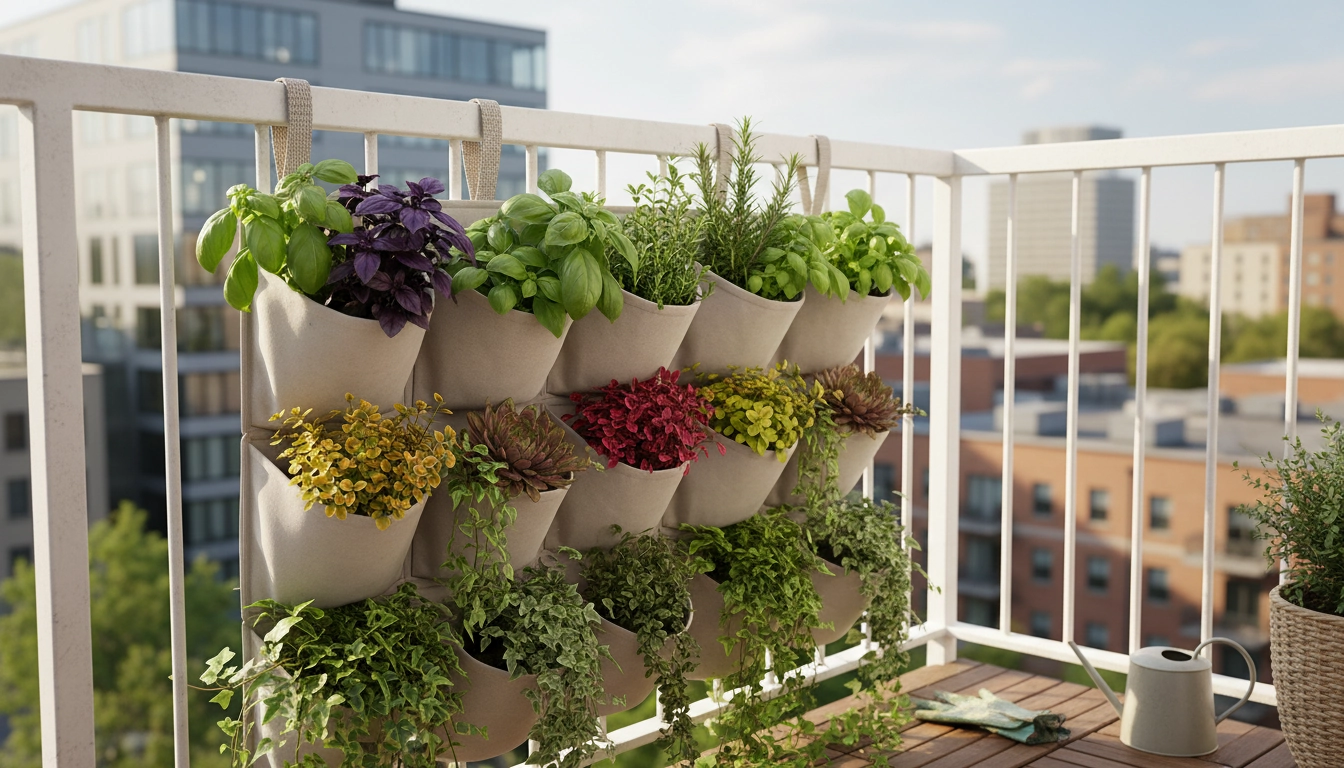 Installation de plantes verticales pour petit balcon sans perçage avec des poches en tissu accrochées sur un garde-corps métallique