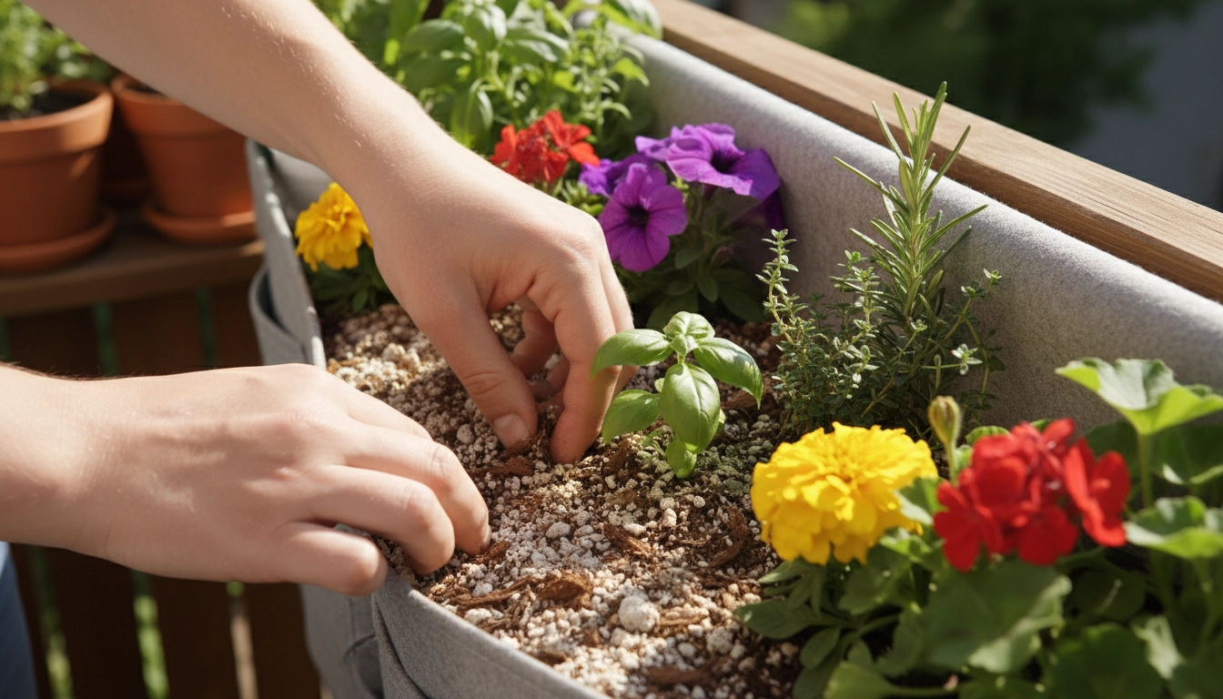 Plantation d'herbes aromatiques dans des poches en tissu pour un jardin vertical sans perçage sur balcon