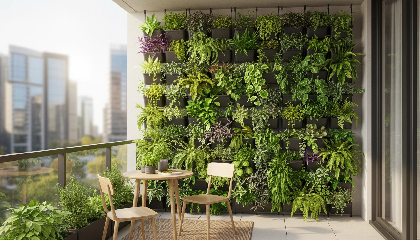 Mur de plantes verticales sur un petit balcon d'appartement sans perçage, avec poches en tissu sur garde-corps