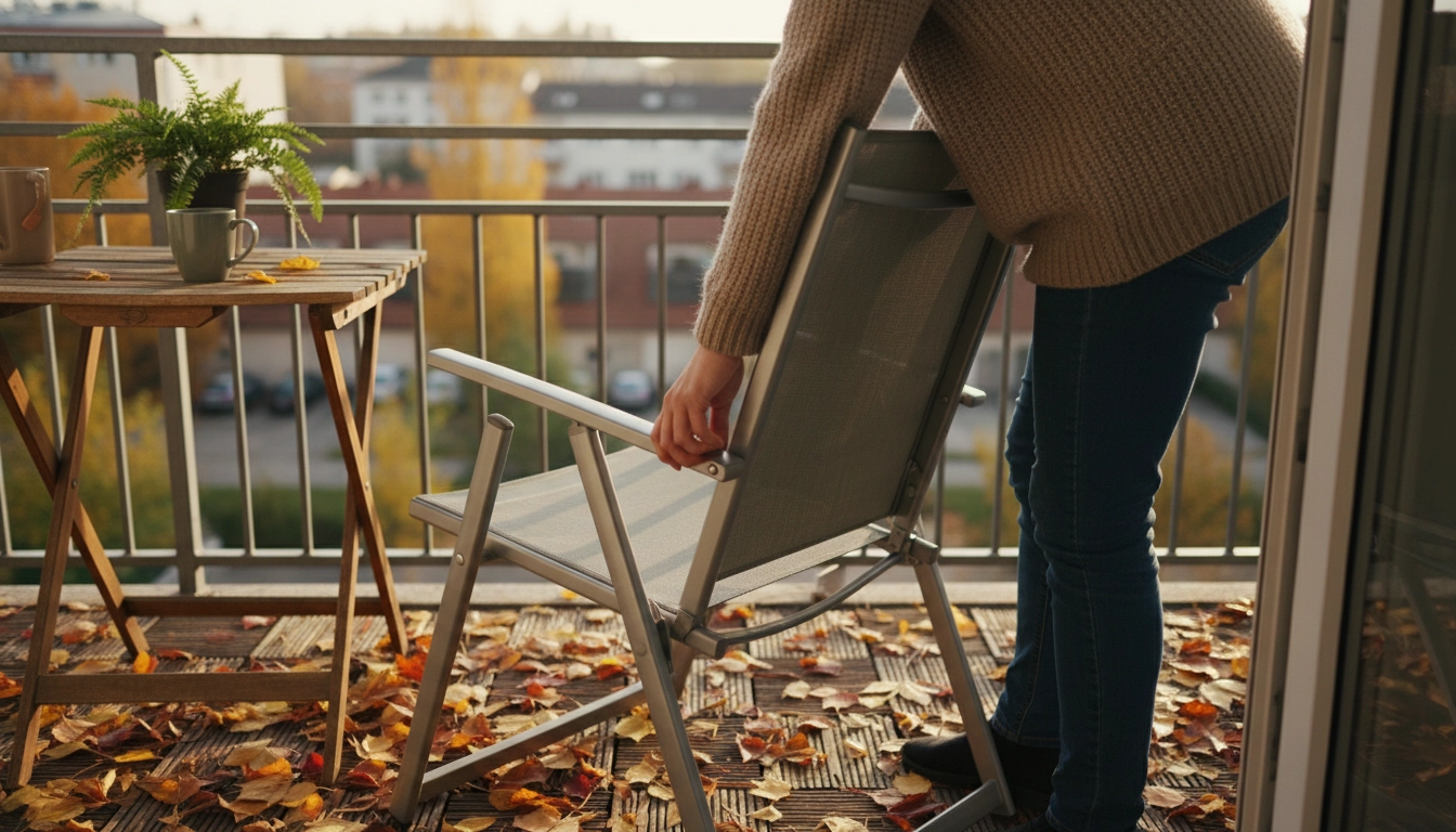 Comment plier et ranger le mobilier de balcon avant l'hiver : chaise pliante en aluminium repliée sur un balcon en automne
