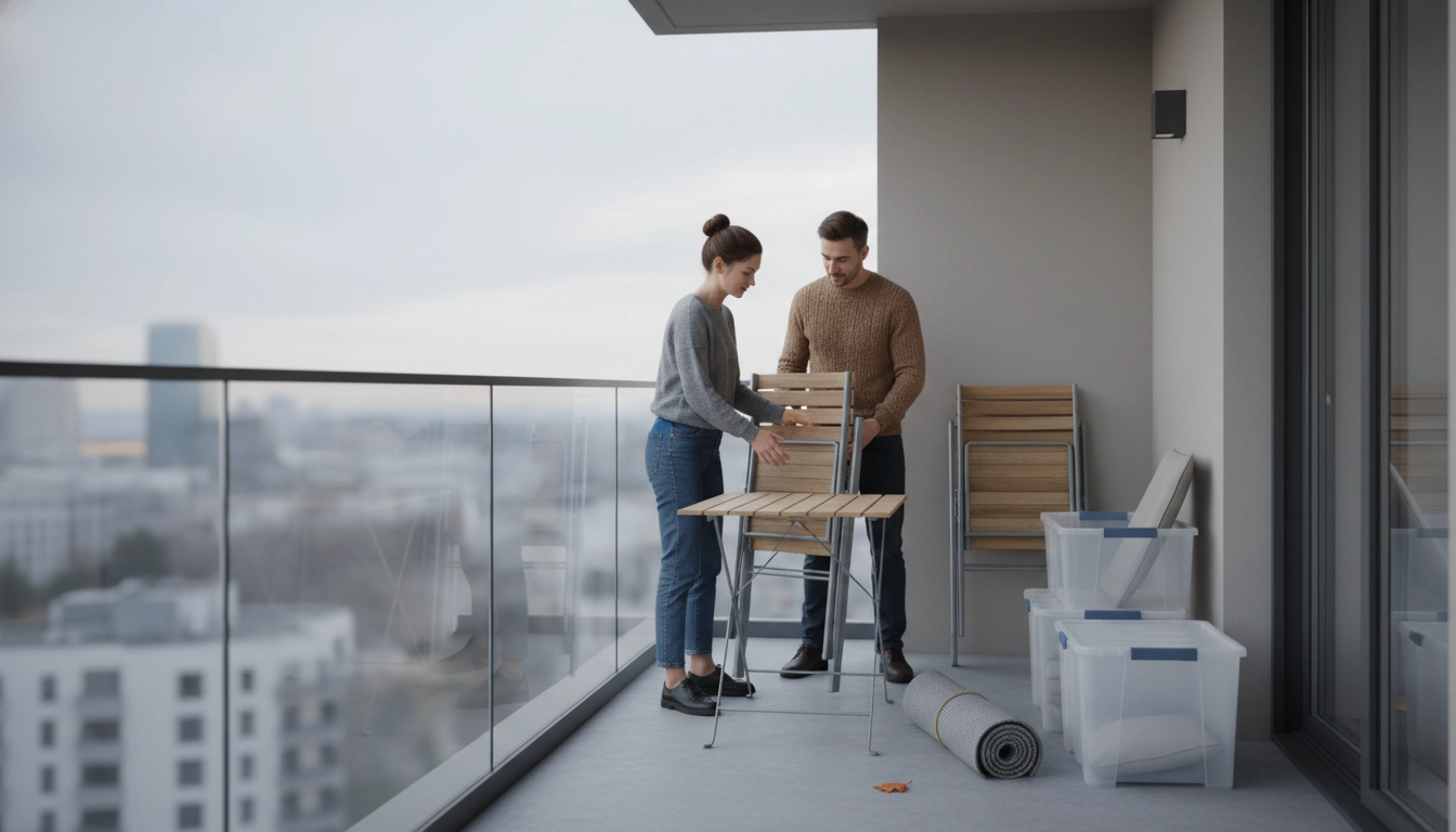 Mobilier de balcon plié et rangé dans un débarras avant l'hiver