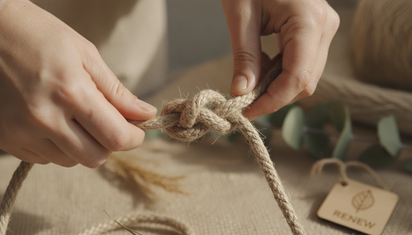 Détail de mains réalisant un porte-plantes suspension macramé corde récupération avec de la ficelle naturelle.