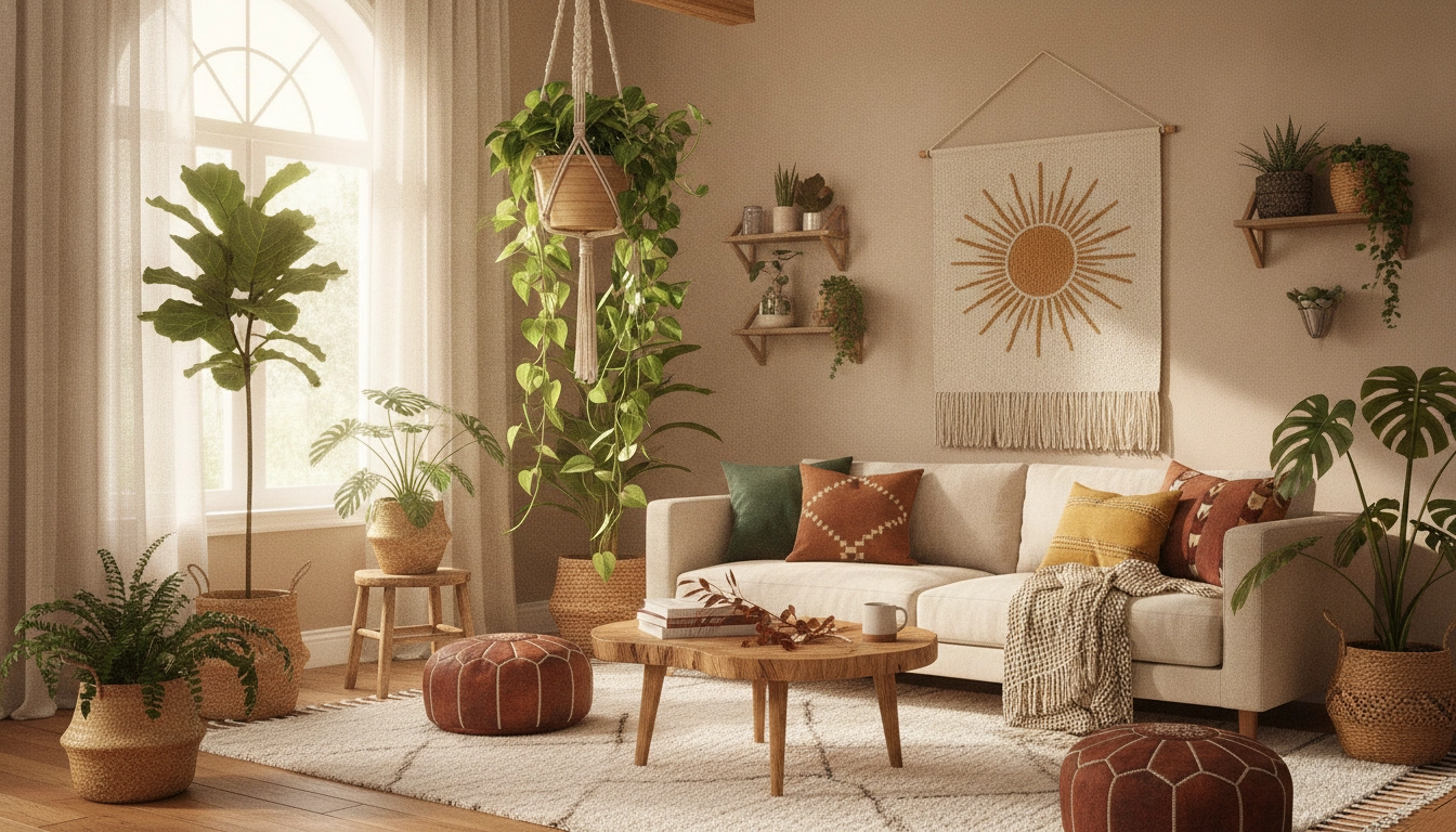 Un porte-plantes suspension macramé corde récupération suspendu près d'une fenêtre dans un salon bohème.
