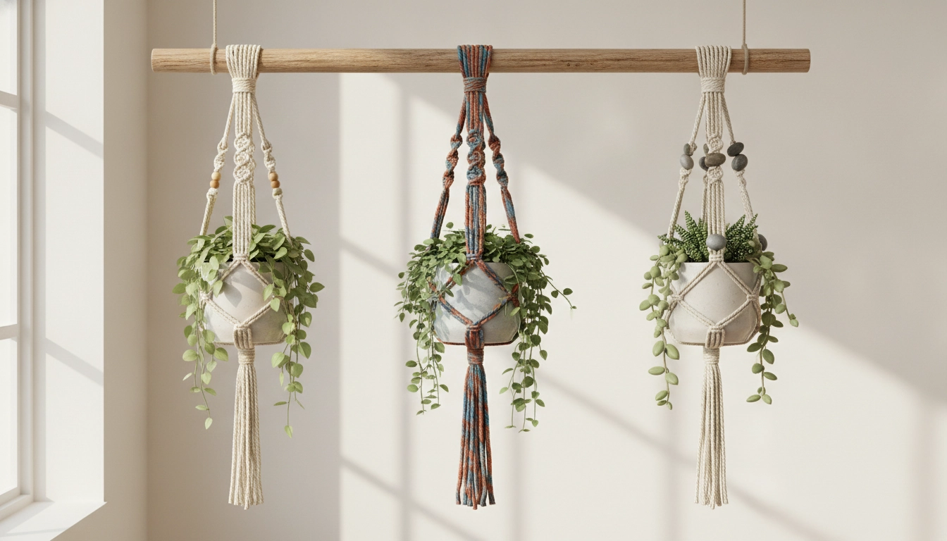 Un magnifique porte-plantes suspension macramé corde récupération artisanale tenant un pot en terre cuite dans un salon lumineux.