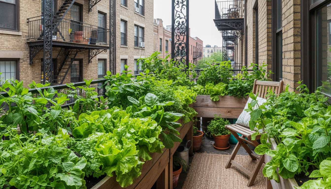 Potager balcon exposition nord avec laitues, épinards et menthe dans des jardinières vertes