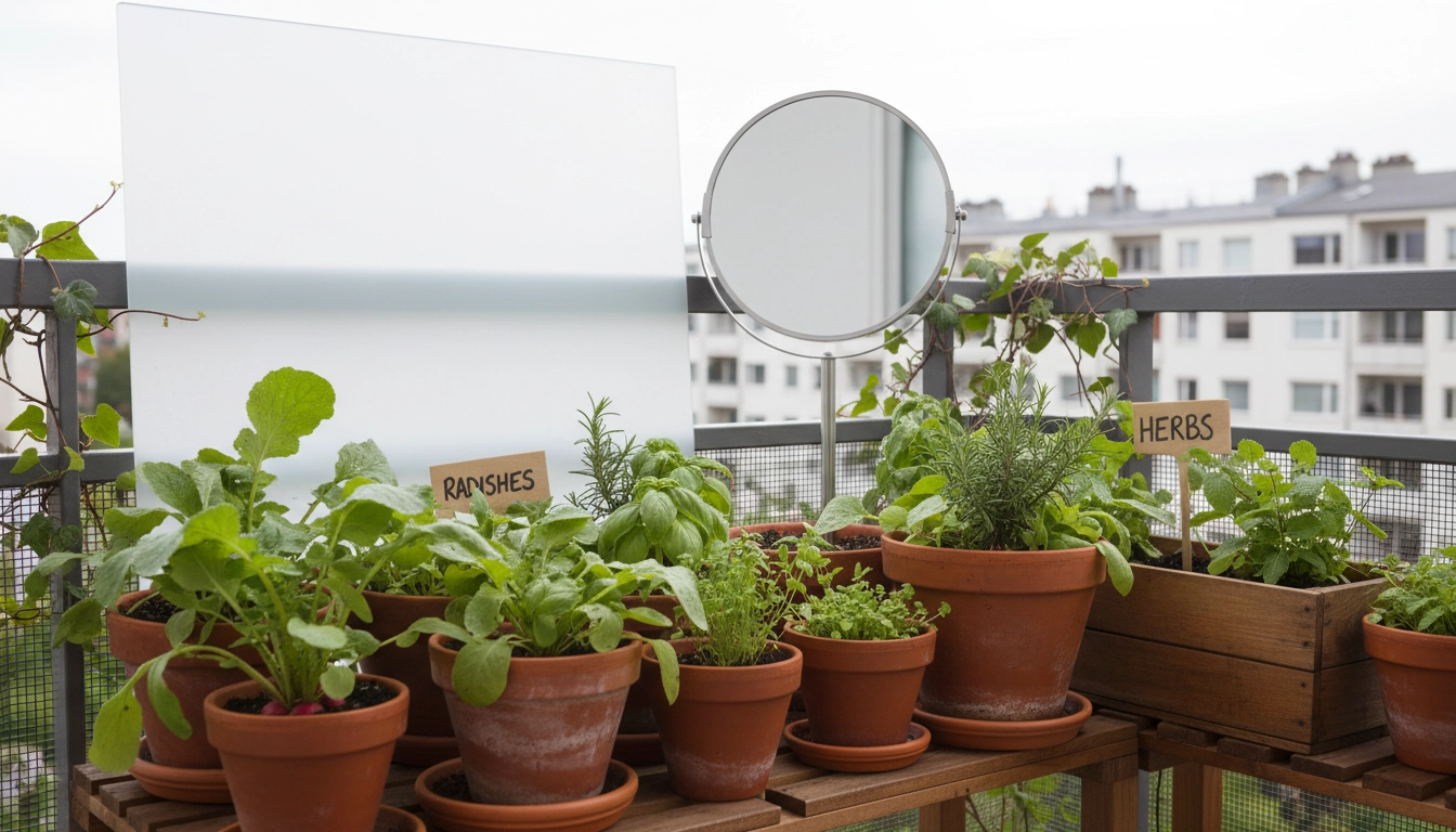 Miroir réfléchissant installé sur un balcon nord pour augmenter la lumière du potager