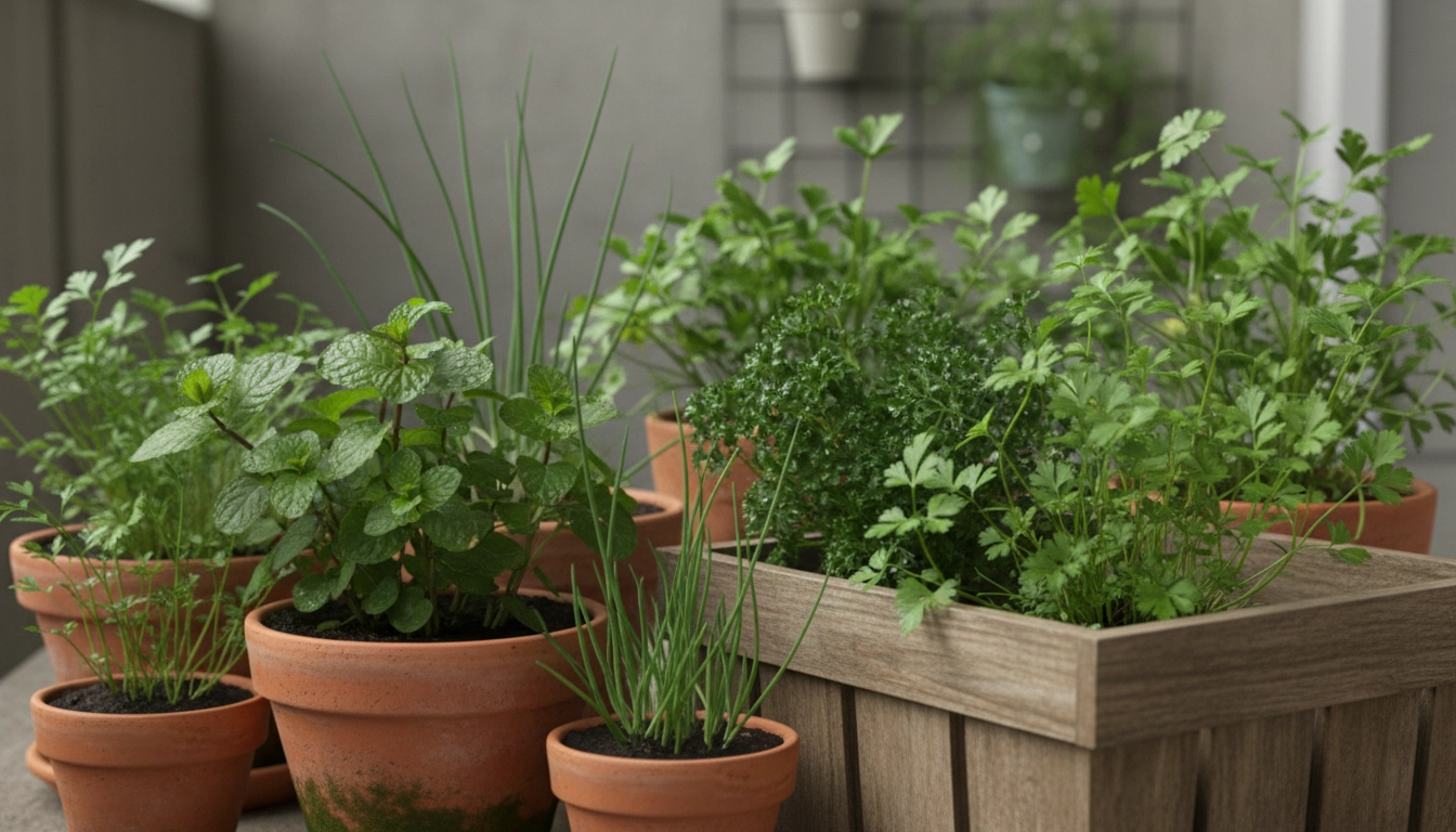 Herbes aromatiques comme la menthe et la ciboulette cultivées sur un balcon nord ombragé