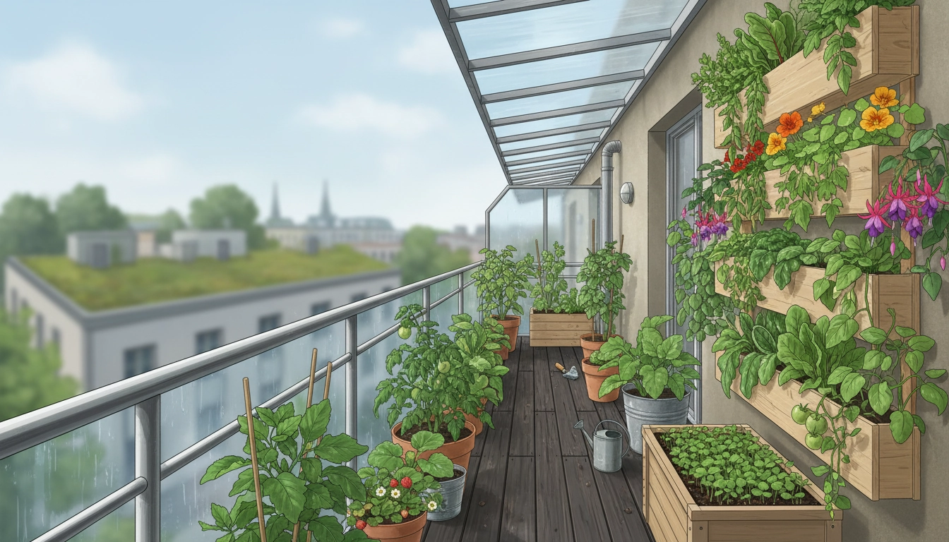 Potager balcon exposition nord avec des laitues et herbes aromatiques dans des bacs colorés