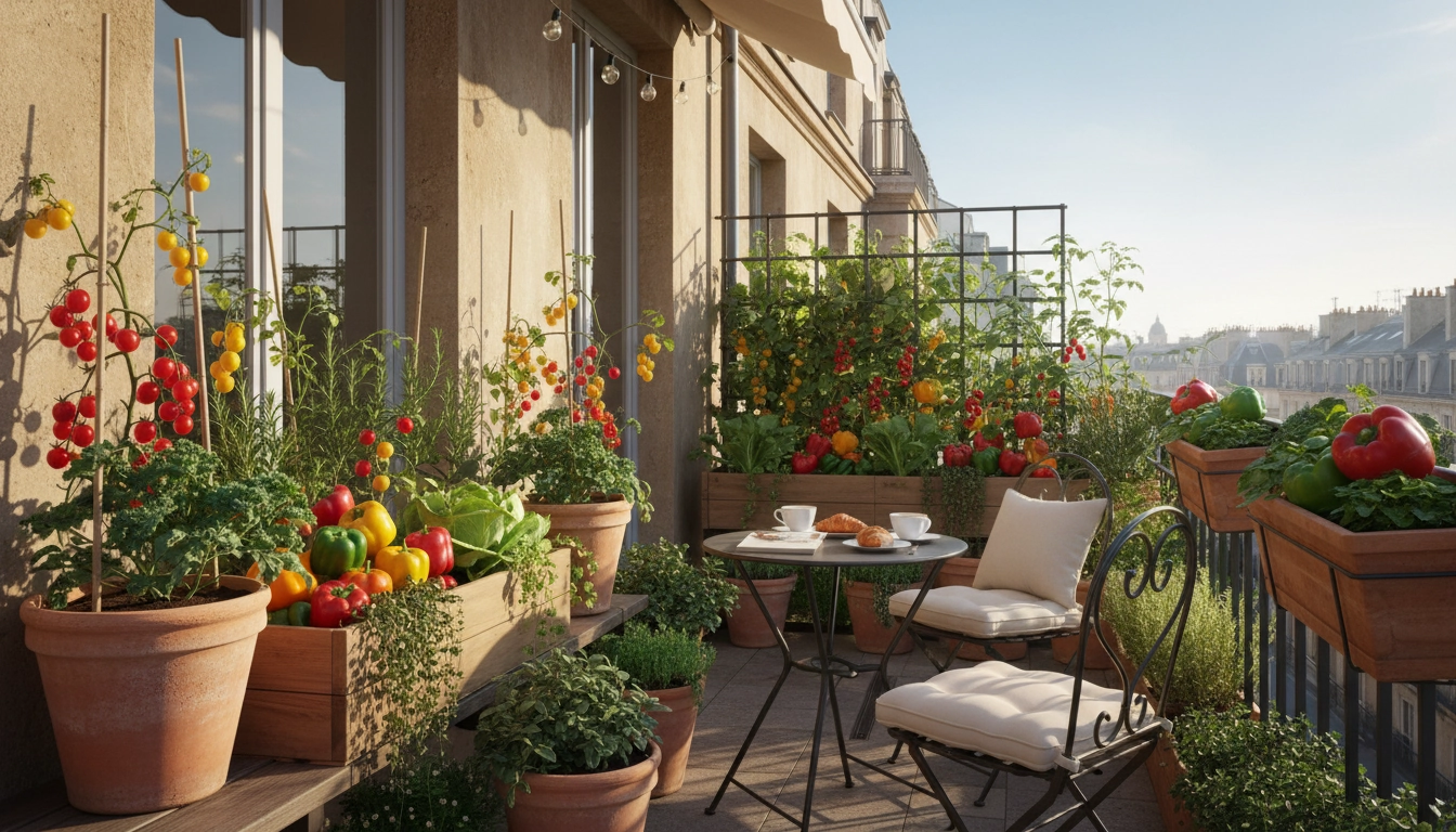 Potager sur balcon avec bacs en bois et pots en terre cuite plantés de tomates, salades et poivrons