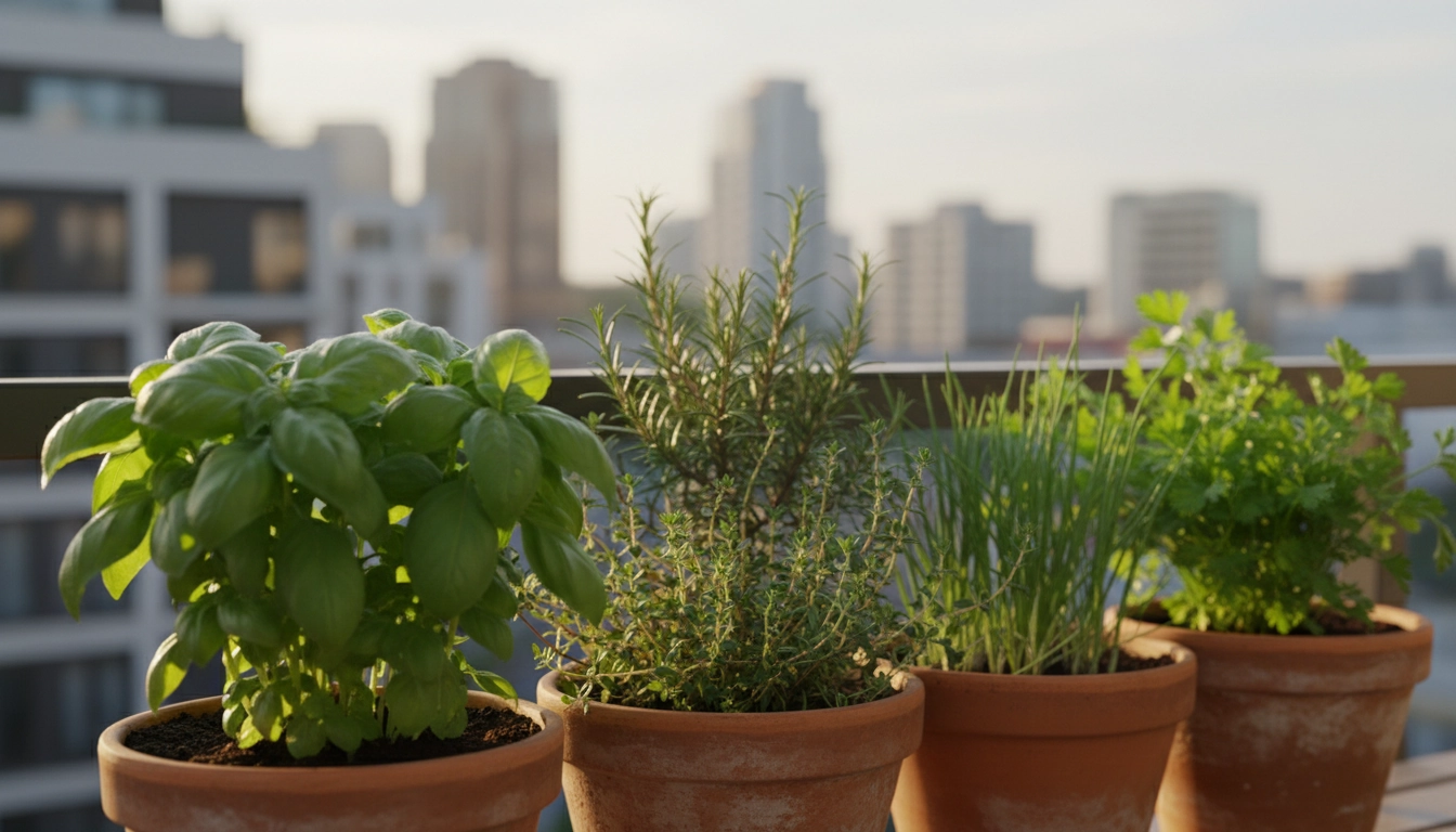 Herbes aromatiques en pots sur balcon ensoleillé : basilic, thym, romarin et persil