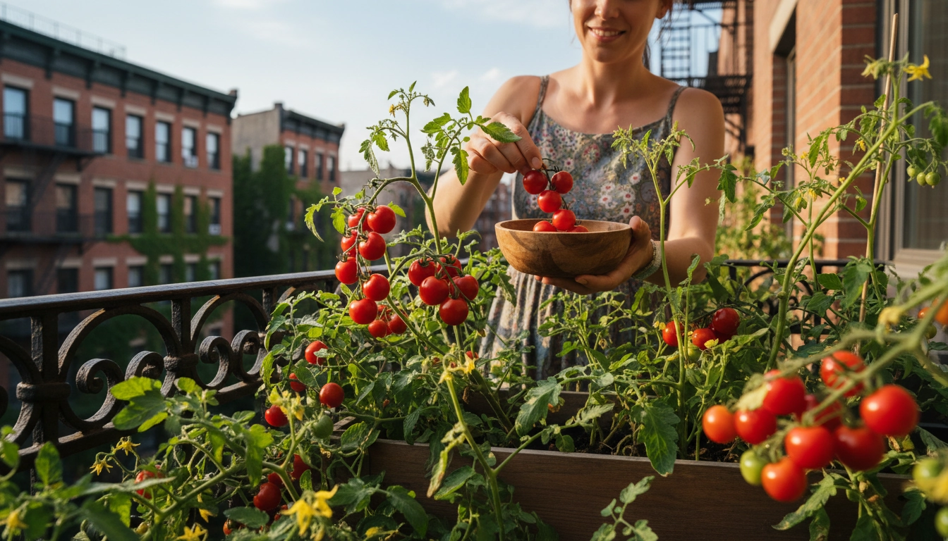Récolte de tomates cerises dans un potager sur balcon en plein été
