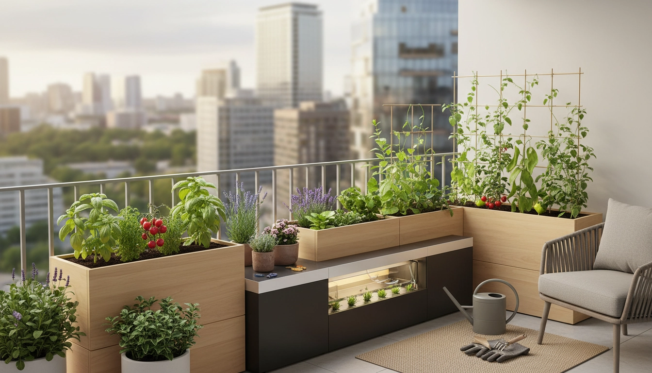 Potager sur balcon avec tomates cerises, herbes aromatiques et salades en bacs