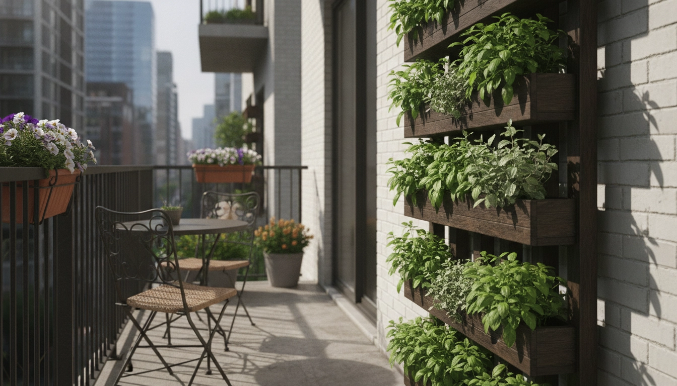 Installation moderne de potager vertical herbes aromatiques balcon optimiser espace pour un appartement urbain.