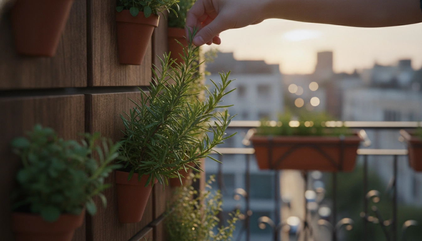 Récolte d'herbes aromatiques fraîches sur un mur végétal vertical.