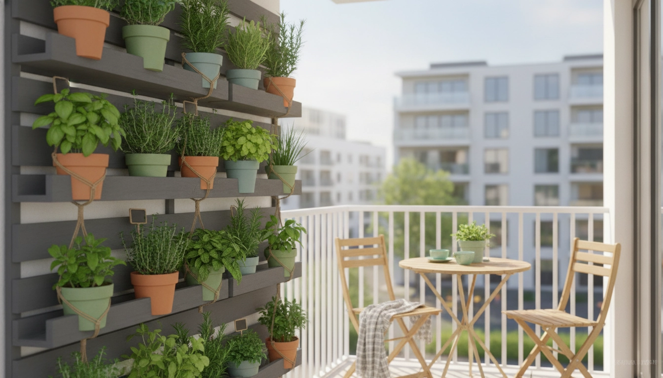 Un potager vertical herbes aromatiques balcon optimiser espace avec des bacs en bois sur un mur ensoleillé.