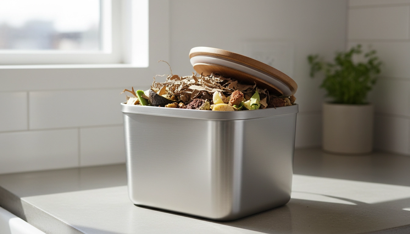 Bac de compostage en appartement avec un équilibre entre matières vertes et brunes pour éviter que le compost sente mauvais en appartement