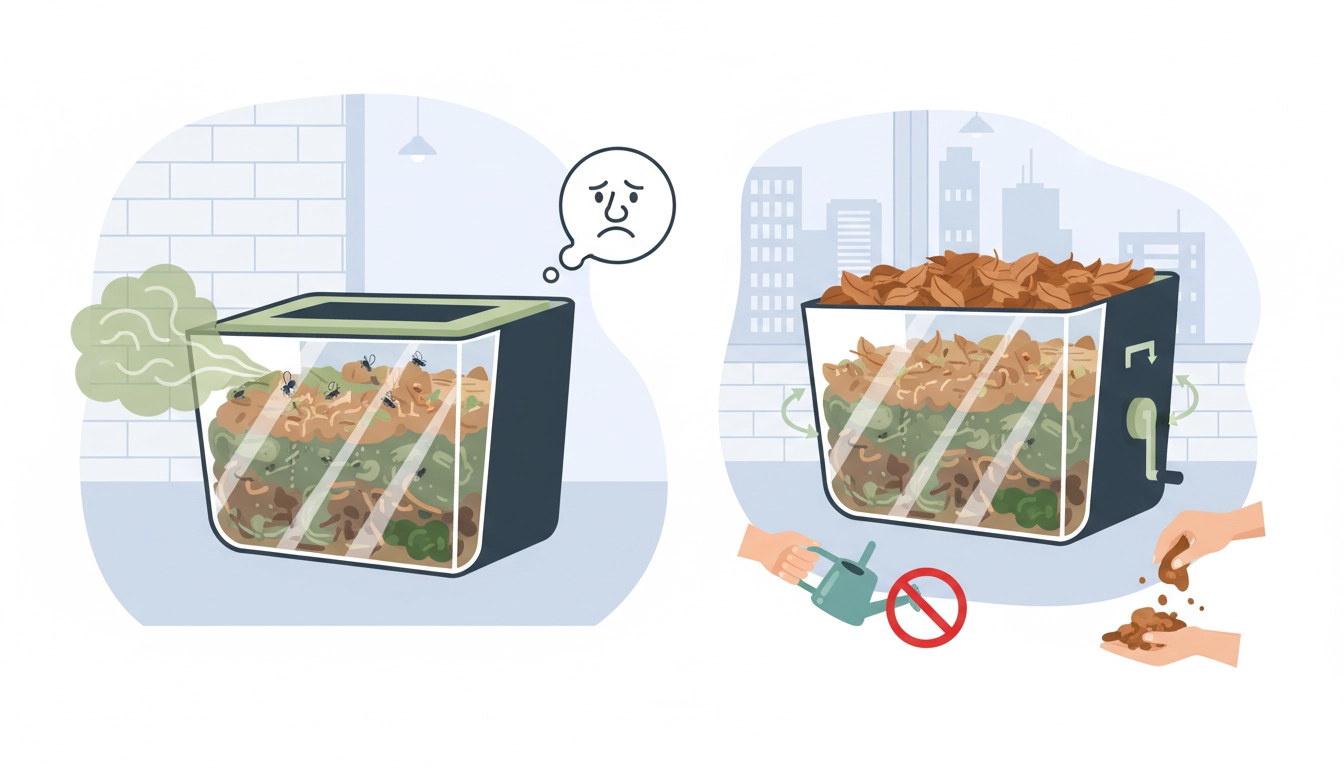 Composteur d'appartement bien équilibré sans mauvaises odeurs, posé sur un plan de travail de cuisine moderne