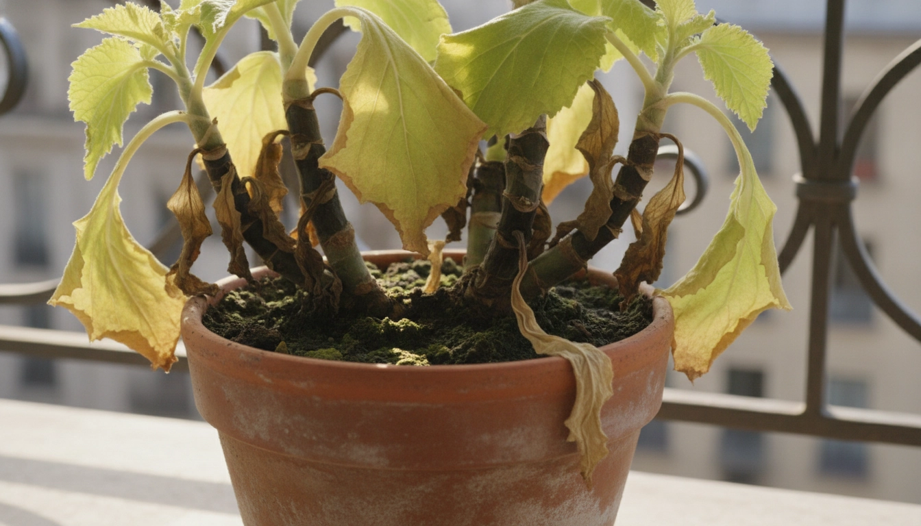 Exemple de pourriture racines plantes pot balcon sur une plante urbaine