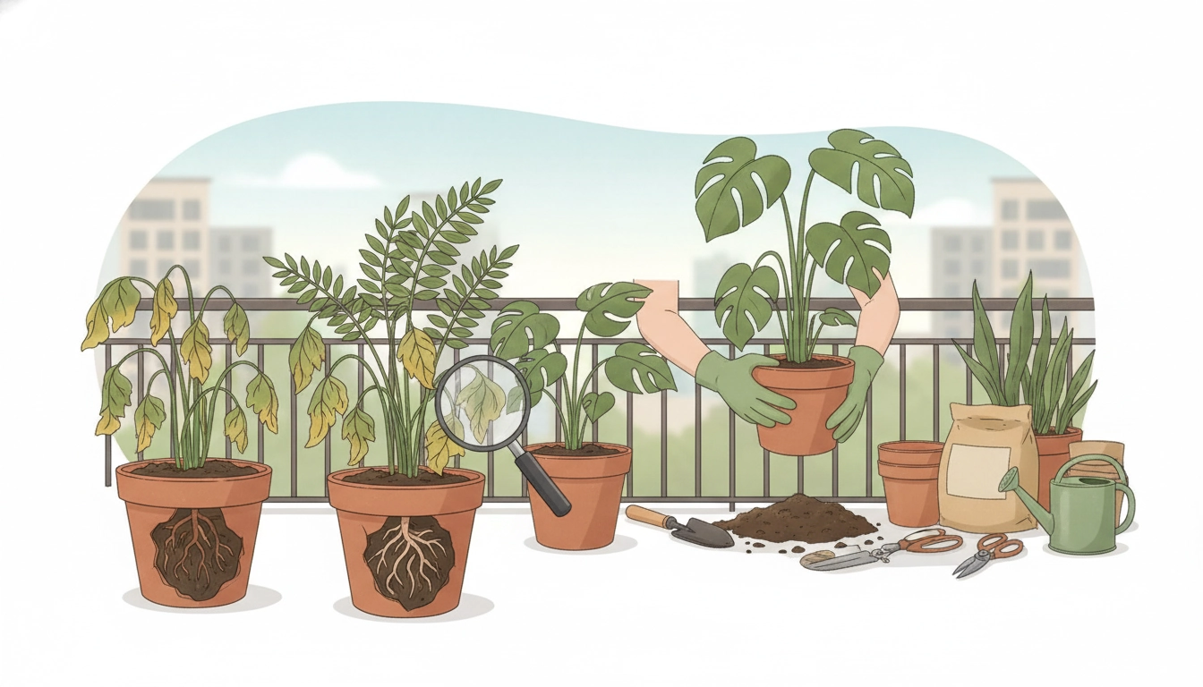 Plante de balcon montrant des signes de pourriture racines plantes pot balcon