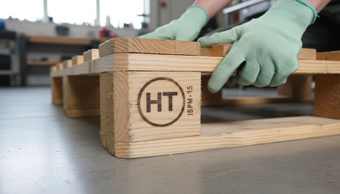 Tampon HT visible sur une palette en bois, étape clé pour savoir comment préparer une palette en bois pour jardin vertical