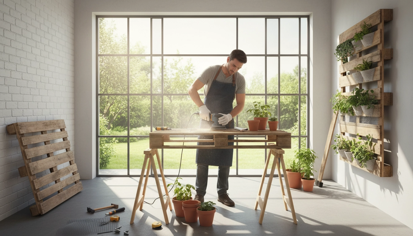 Palette en bois marquée HT propre et traitée, prête pour un jardin vertical