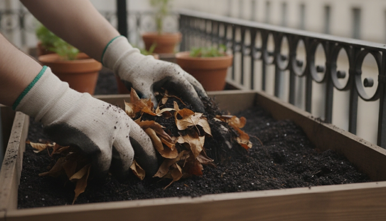 Action de préparer son propre terreau maison balcon compost avec des feuilles et des restes végétaux.